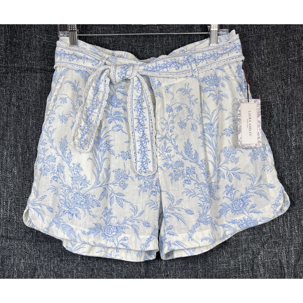 New LAURA ASHLEY Sz M Shorts Blue Ivory Toile Floral 100% Linen Belt Lace NWT